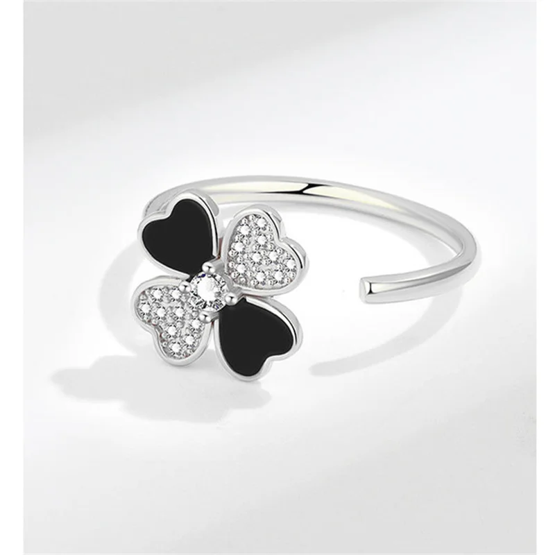 Sweet Clover Flower Ring For Girls Finger Accessories Top Grade Sterling Silver 925 Ring Women Jewelry Turnable Open Size Bijou