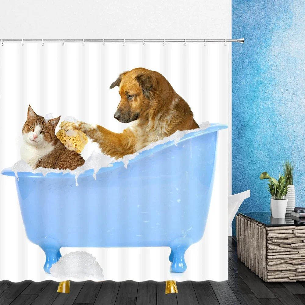 Funny Animal Shower Curtain Decor Cute Pet Cat Home Bathroom  Polyester Bath Cloth  Set Lanyard Hook