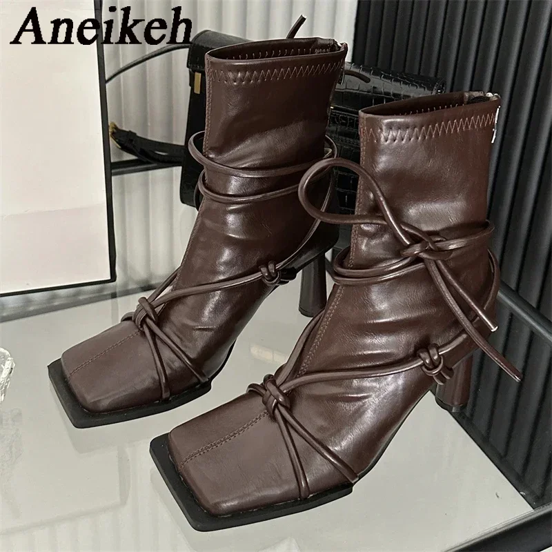 Aneikeh, botas con punta cuadrada, zapatos de mujer, concisos, sólidos, banda estrecha, tacones finos, botas de ocio para mujer, boda, nuevo otoño, PU, media pantorrilla