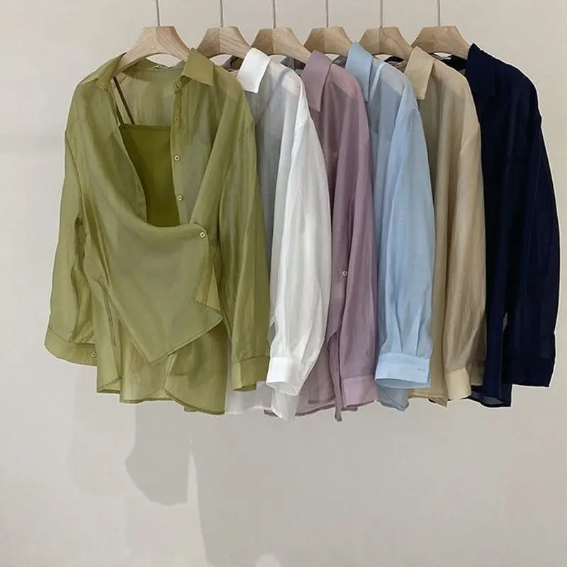 Spring 2024 New Women Chiffon Sunscreen Solid Color Korean Side Buckle Micro Transparency Summer Fashion Loose Long Sleeved Tops