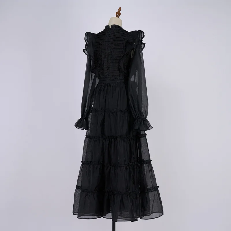 Vestido Longo E com Gola de Babados e Barra em Camadas em 5 Cores Moda Primavera 2025 Gola Alta Manga Longa Outro Mate...