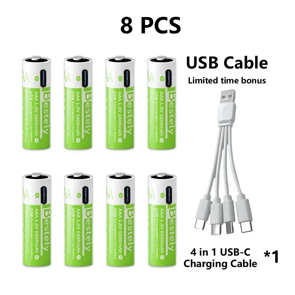 2025 Pro 1,5 V AAA 6800 mAh oplaadbare batterij, Type-C snel opladen Li-ionbatterijen, 2000 cycli LED-indicator met gratis kabel - afbeelding 1