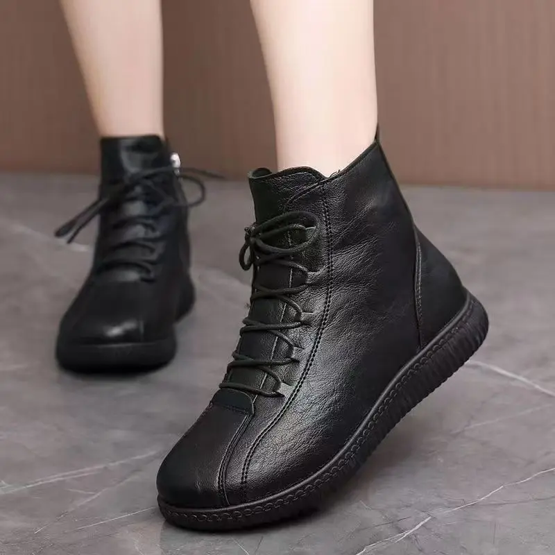 

Women Winter New Leather Ankle Snow Boots Waterproof Non Slip Thicken Plush Keep Warm Round Toe Flat Sole High Top Cotton Shoes