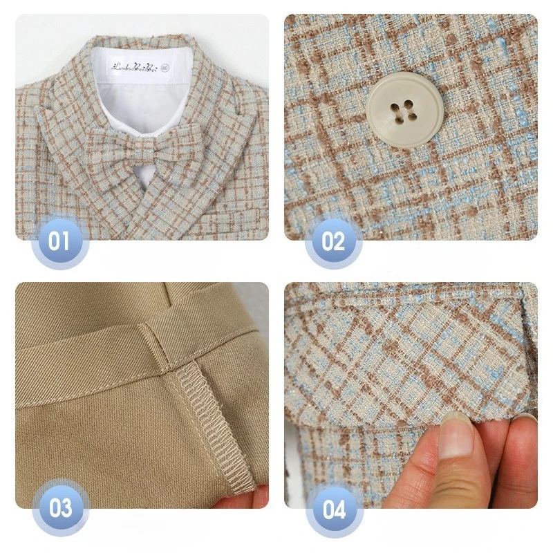 Kids Boys Tweed Plaid Blazer Suit with Vest Shirt Bow Tie Straight Pants Formal Wedding Birthday Piano Stage Performance Outfit