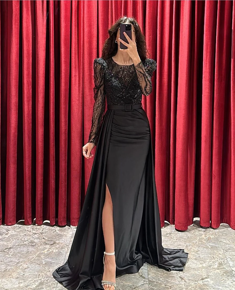 Verngo Long Sleeves Sequined Party Gown Side Slit Sexy Dresses For Women Belt Draped Train O-neck Saudi Arabia Evening Dresses