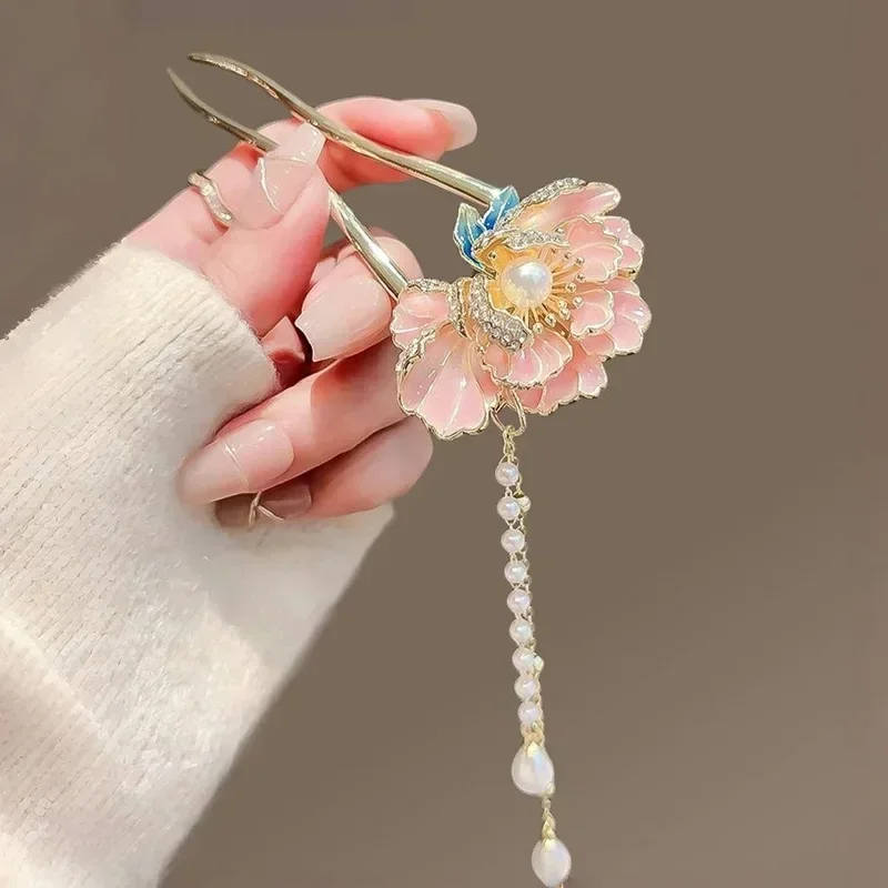 Chinesische süße Vintage Pfingstrose Blume Quasten u Form Haars tab für Frauen Mädchen elegante Haar gabel Cheong sam Hanfu Haarschmuck