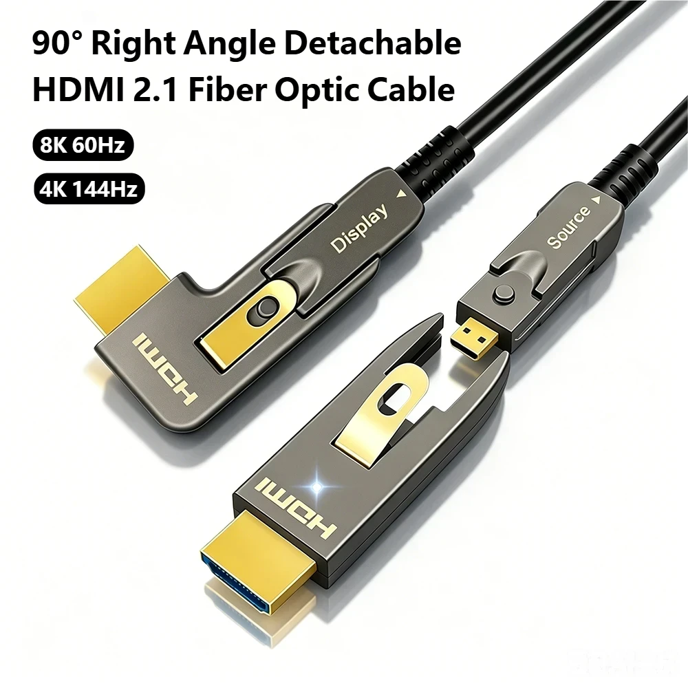 90 Degree Right Angle Detachable HDMI 2.1 Fiber Optic Cable 8K@60Hz 4K144Hz Micro HDMI Compatible for Pipe Routing TV Projector