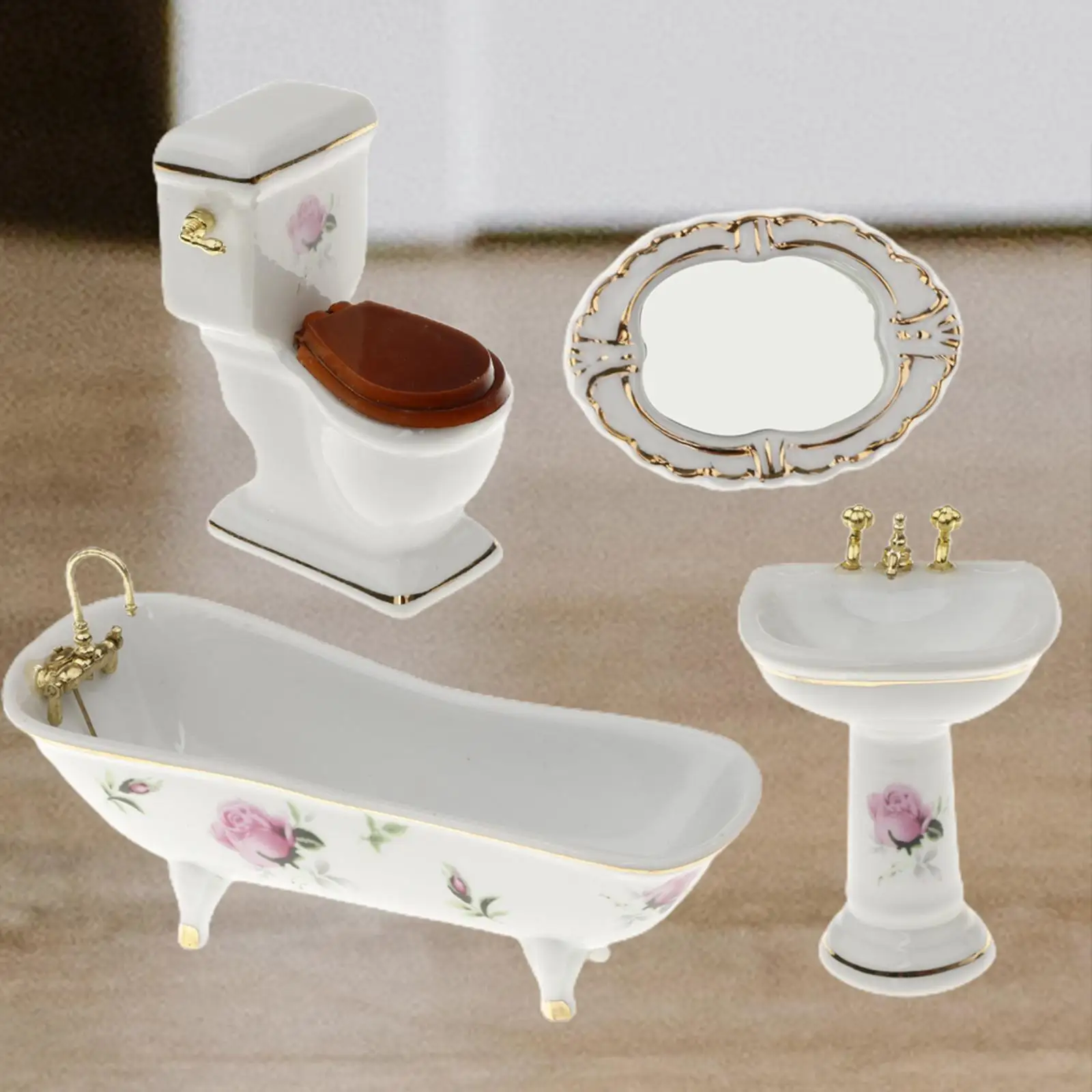 4Pcs 1:12 Antique White Ceramic Dollhouse Porcelain Bathtub Bathroom and Toilet Sink Mirror Accessory Furniture Decorative Toys