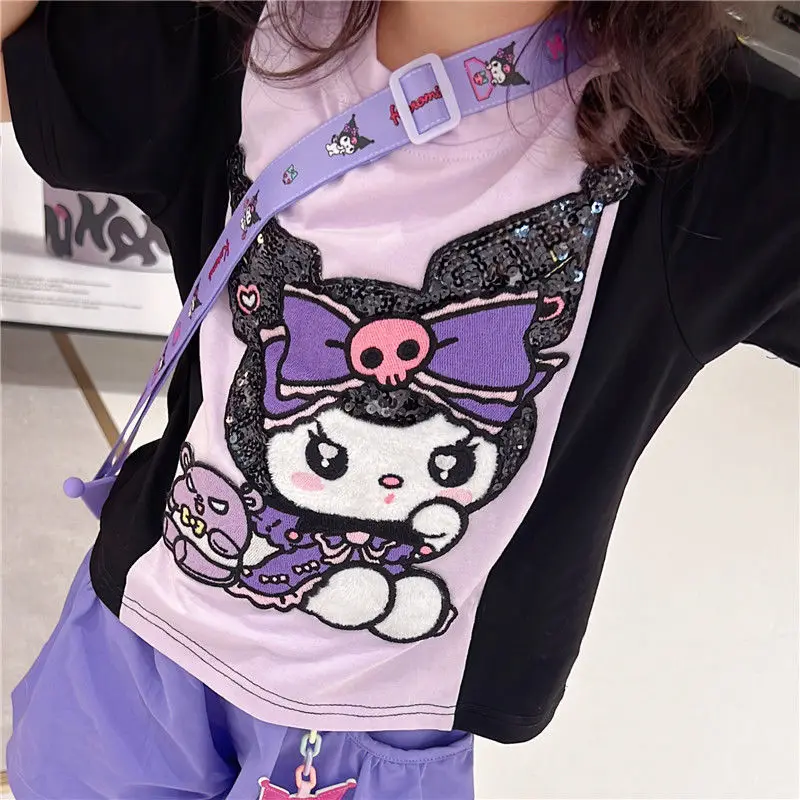 Anime Sanrioed Girls Short Sleeve Short Two Piece Set Cartoon Cotton Suit Kawaii Kuromi Child Casual Fashion Summer Kids Clothes