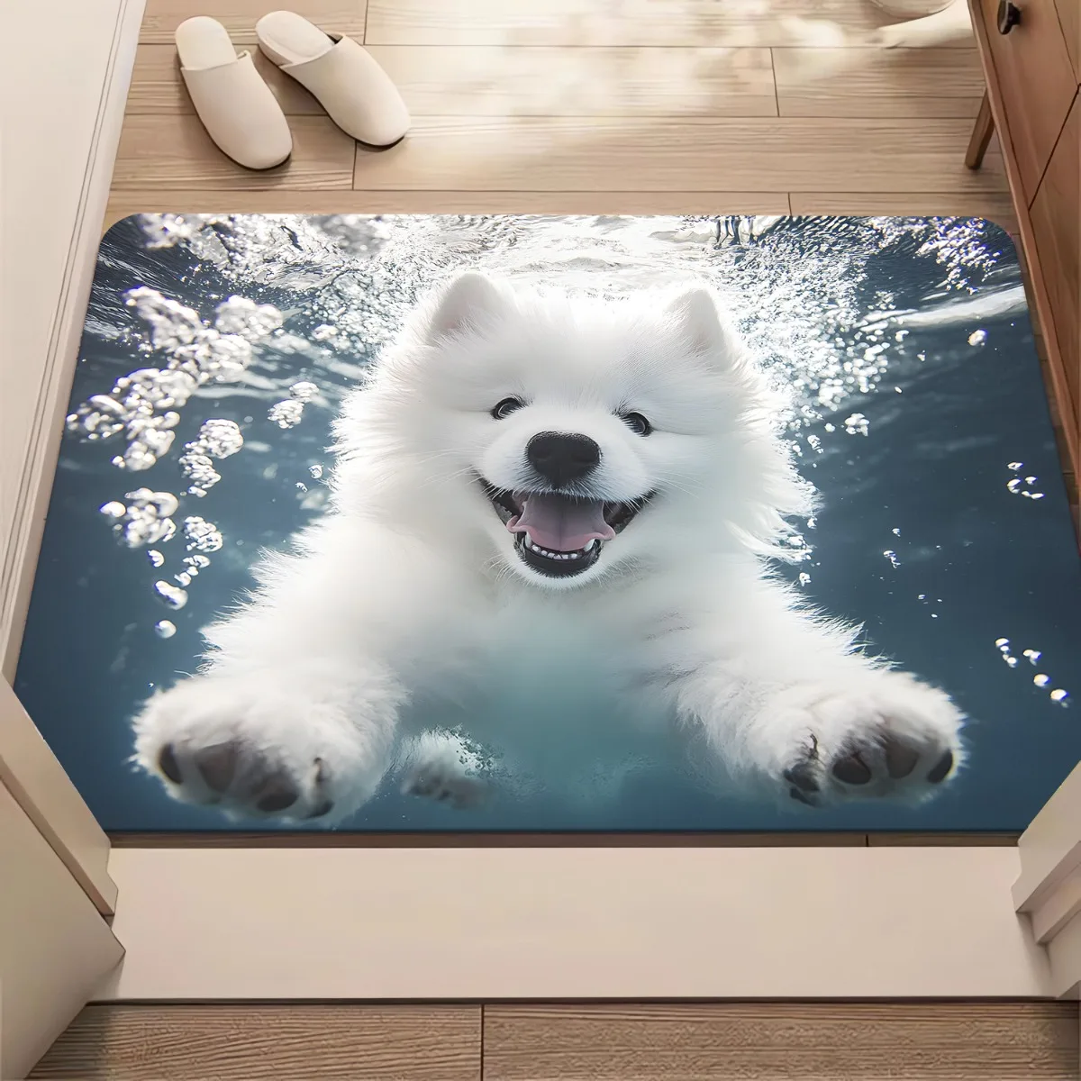 1pc Swimming‑Samoyed‑Print Doormat, Non‑Slip Absorbent Floor Mat, Machine Washable for Bathroom, Bedroom, Living Room