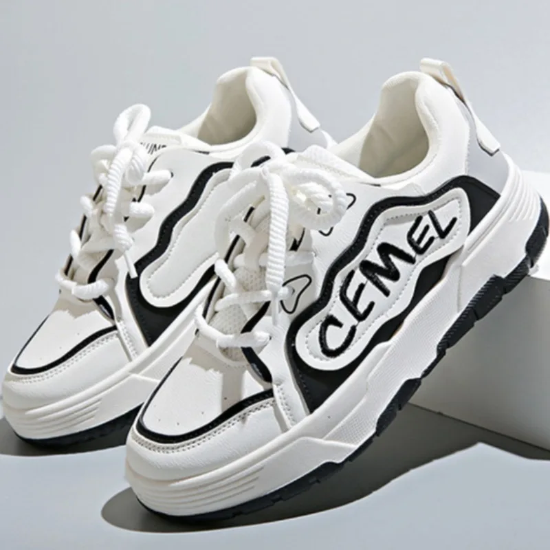 Seasons Casual Shoes Women's Clunky Sneakers Non-slip Thick-soled Sports Shoes Breathable Leather Lace-Up Platform Skate Shoes