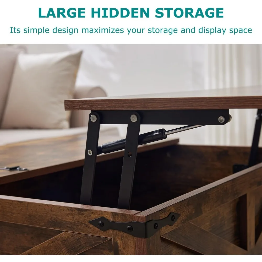 Коричневый квадратный журнальный столик в деревенском стиле с подъемной столешницей и местом для хранения вещей в гостиной