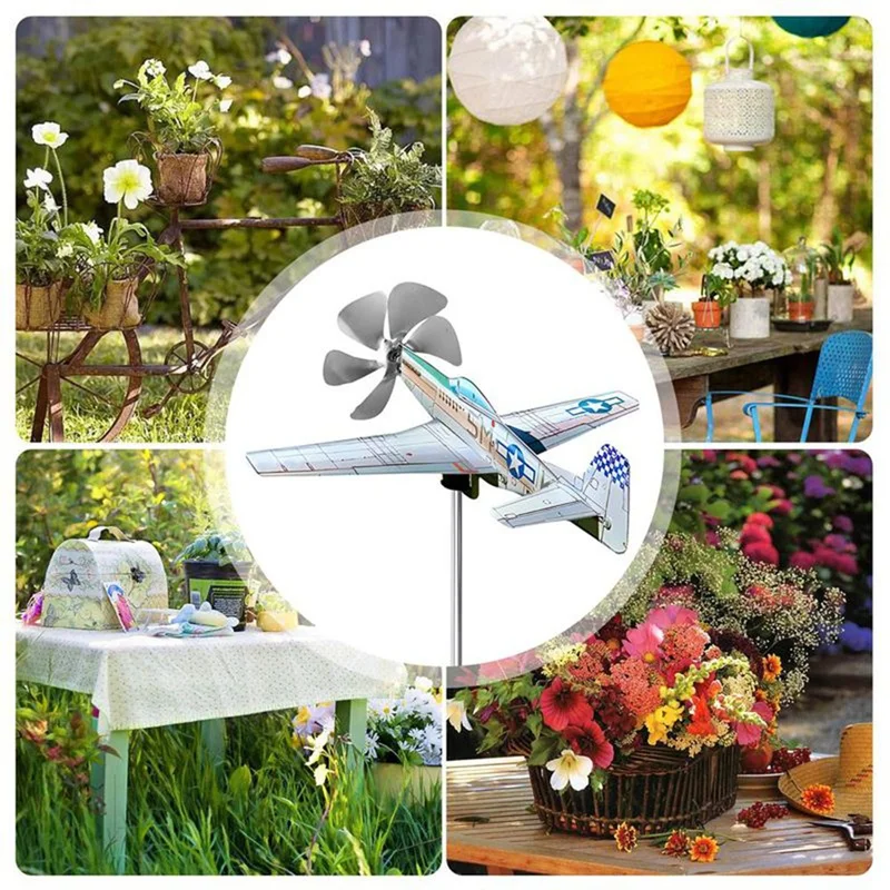 3D Plane Garden Weather Vane Pinwheel Anti- Metal Airplane Plug-in Windmill Wind Spinner Weatherproof Garden-A55K