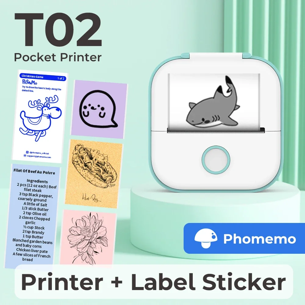 Phomemo Sticker Printer T02 Inkeless Maker Mini Printer Portable Bluetooth Thermal Pocket Photo Printer for Study Notes DIY