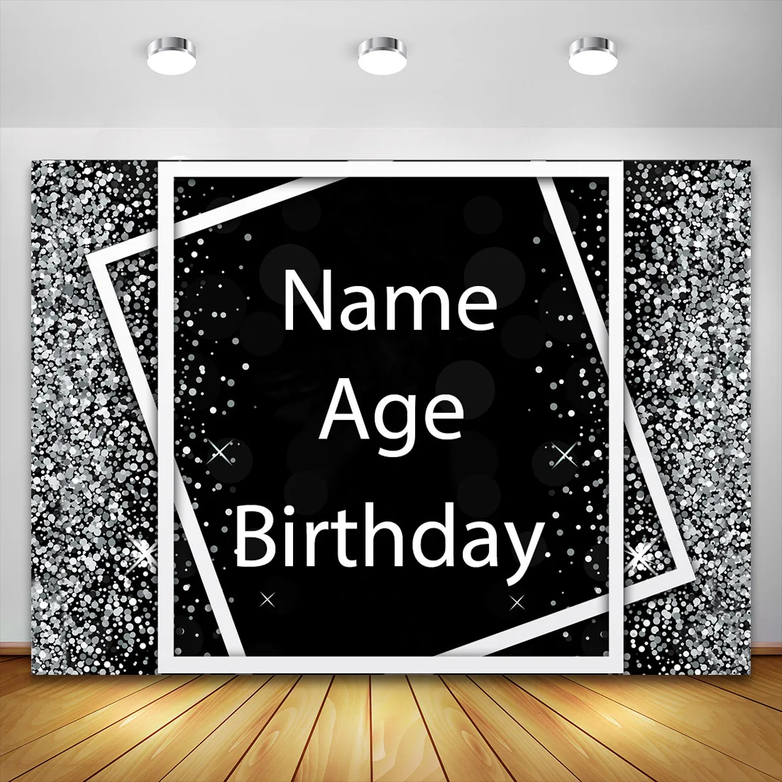 Black Silver Birthday Party Backdrop Custom Name Age Cummunion Anniversary Photo Booth White Frame Background Party Wall Decor