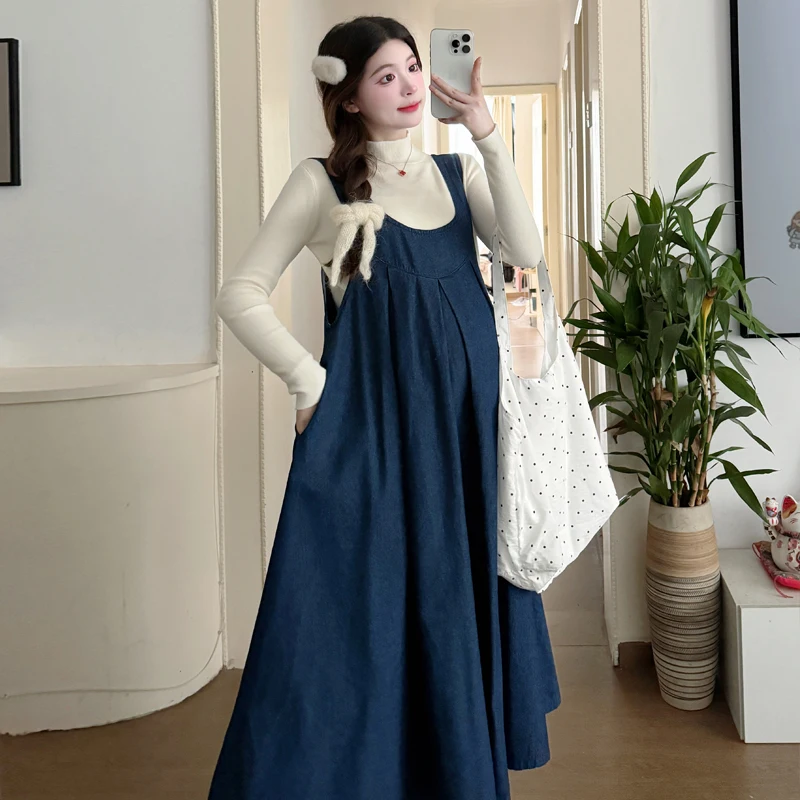 New Korean Style Maternity Overalls Dress for Autumn/Winter - Loose Fit Mid-Length Denim Jumper Set Clothes for Pregnant Women