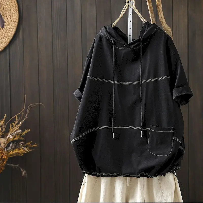 Short Sleeved T-shirts for Women Hooded Solid Color Drawstring Tshirt Summer Trend Tops Popular Bright Line Fashion Design Tees