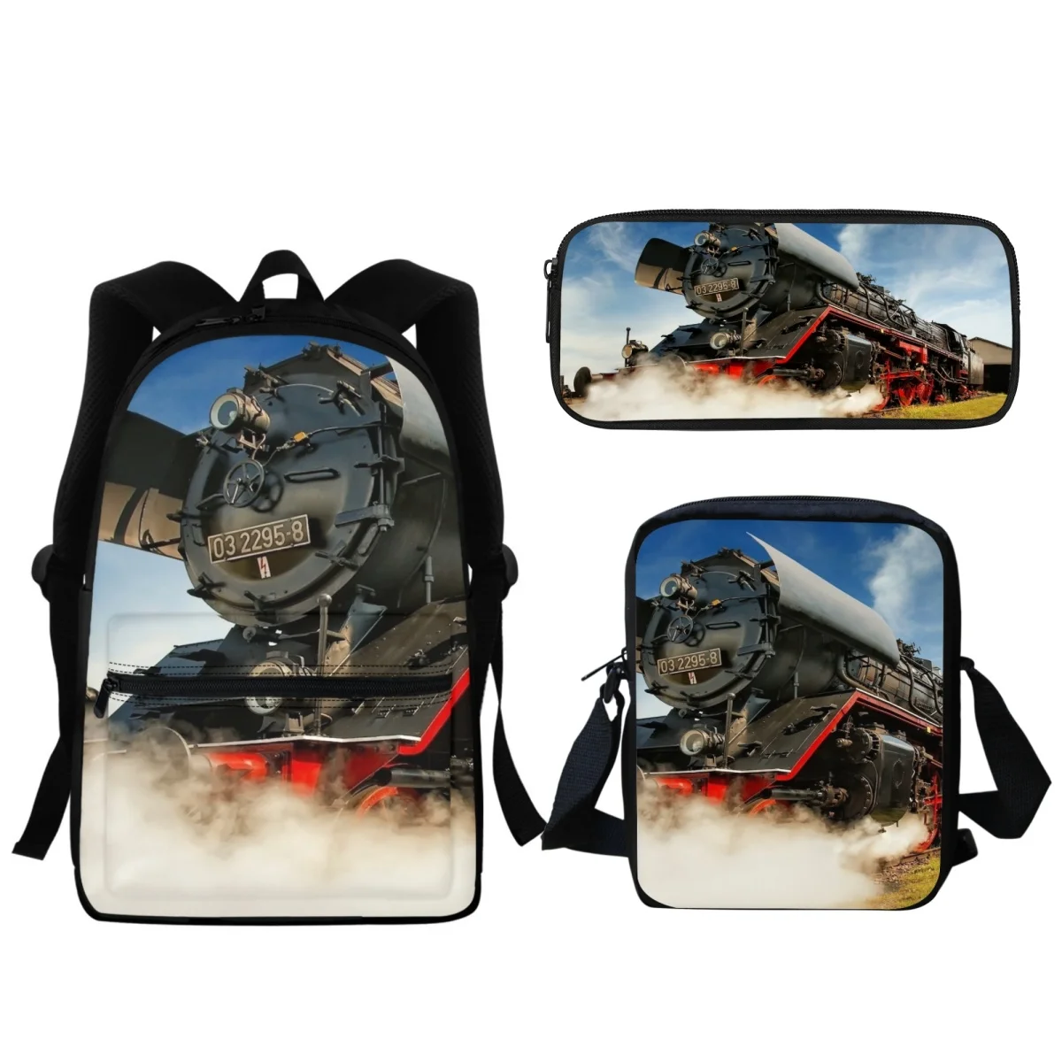 Steam Locomotive Train Design School Bag 3pcs/Set Boys Girls Kids Backpack Lunch Small Satchel Pencil Case Travel Laptop Bag