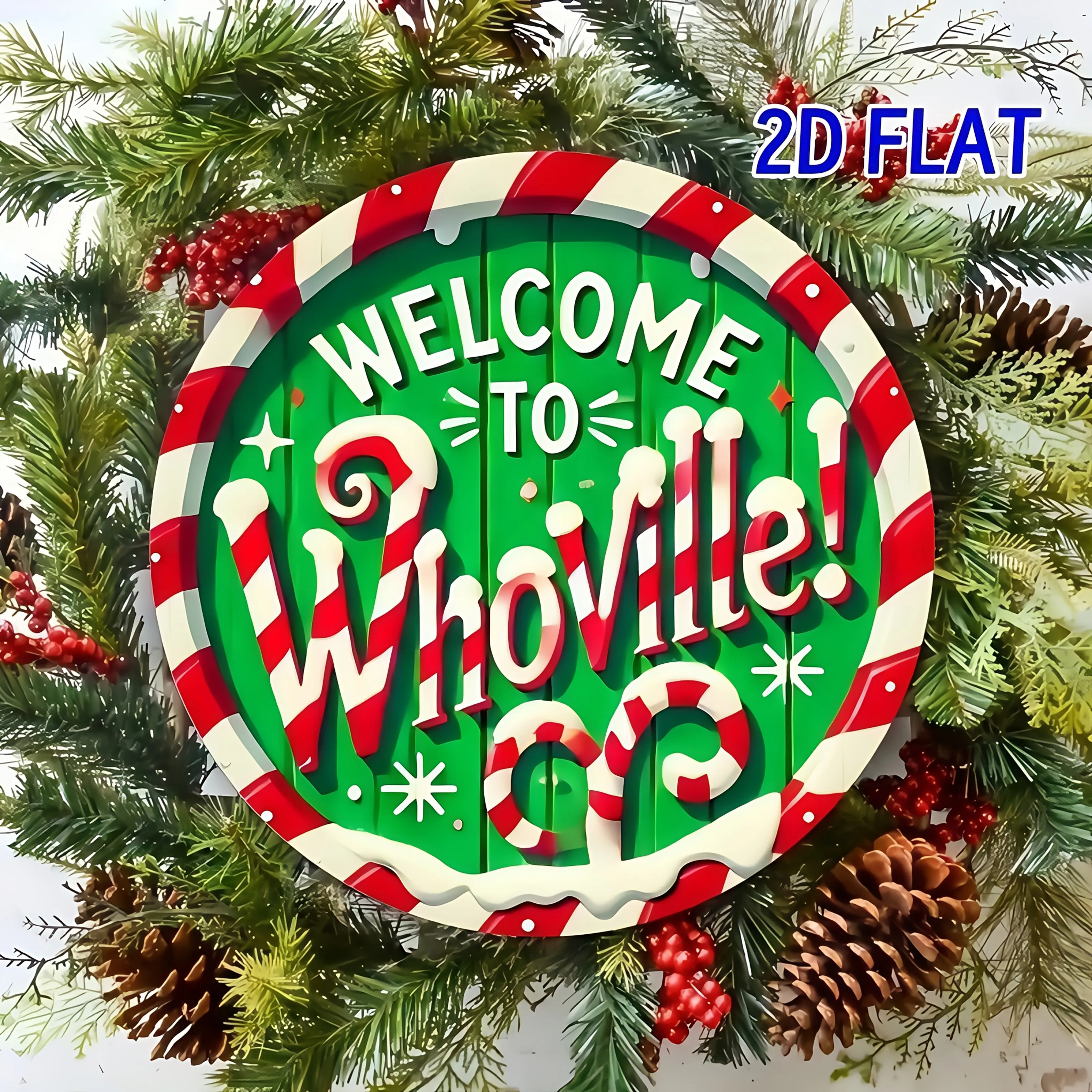 لافتة حائط خشبية دائرية مسطحة ثنائية الأبعاد، قطعة واحدة من "Whoville Welcome" - ديكور عطلة ريفي معاد تدويره مقاس 7.87 بوصة #2