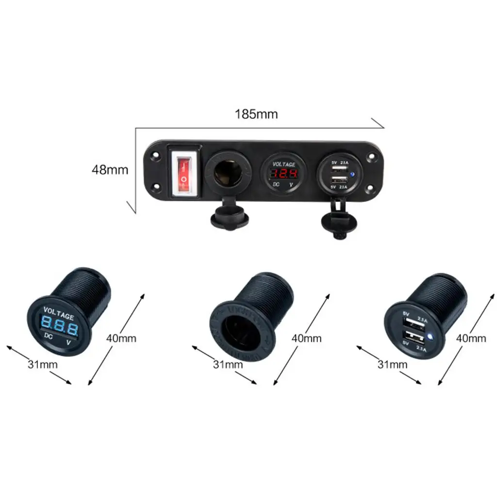 12 V/24 V เครื่องชาร์จ USB คู่ซ็อกเก็ตเครื่องชาร์จ LED สวิตช์โวลต์มิเตอร์