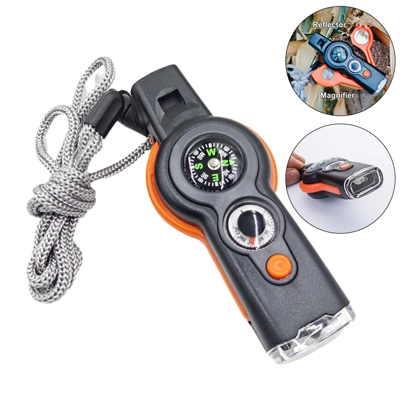 Outdoor New 7-in-1 Multifunctional 7-in-1 Whistle Survival Whistle With LED Light,  And Compass