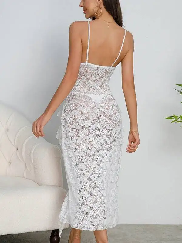 Sukienka w stylu wróżki z koronką, głęboki dekolt w serek, uwodzicielska, dopasowana, elegancka, na cienkich ramiączkach, seksowna, prześwitująca, z falbankami, z nadrukiem, koszula nocna, jednolity kolor, urok N9OS