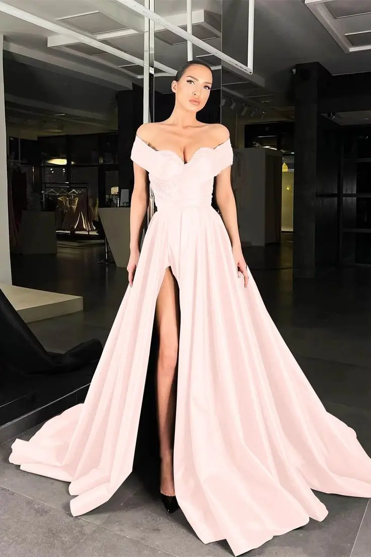 Off-the-Shoulder Beaded A-Line Prom Dress with Split Pleats Formal Party Evening Gowns Special Occasion Dresses Custom Made