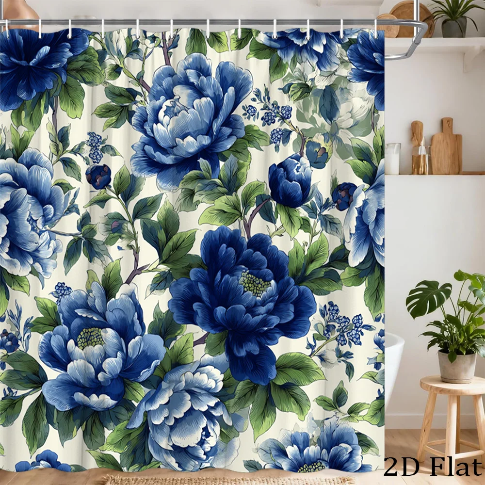 

Luxury Blue Floral Watercolor Print Shower Curtain Waterproof Bathroom Shower Liner Botanical Decor 180x180cm