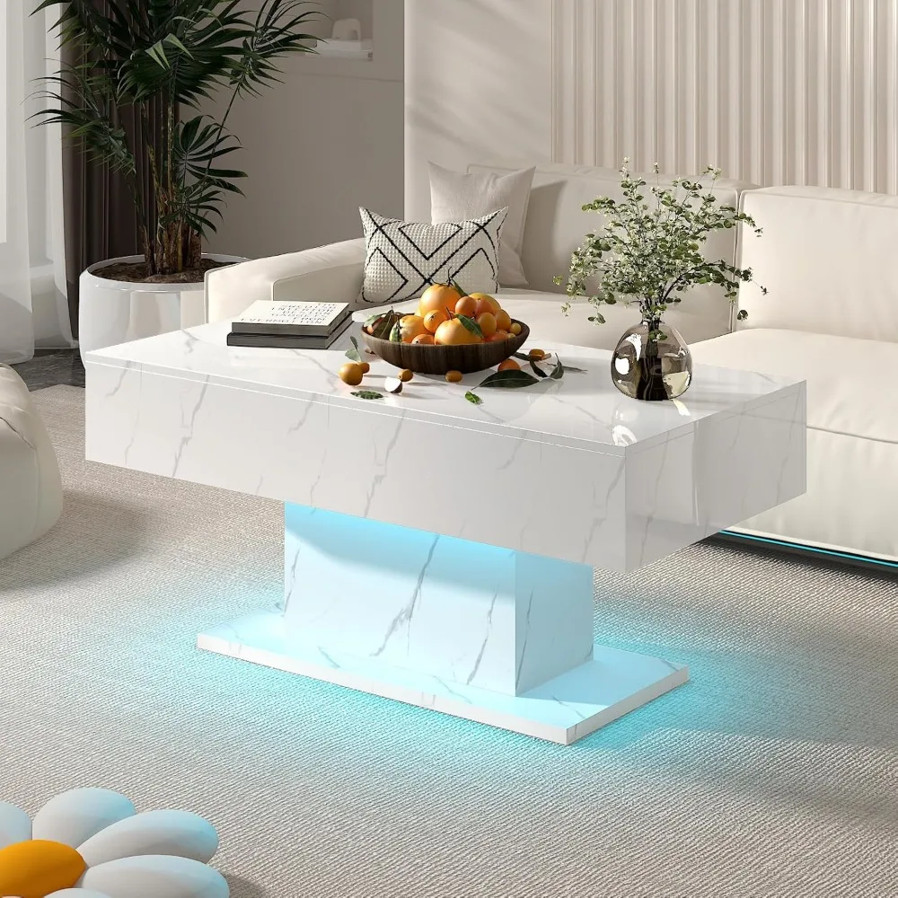 Modern Rectangular High Gloss White Marble LED Coffee Table with Storage Drawers for Living Room