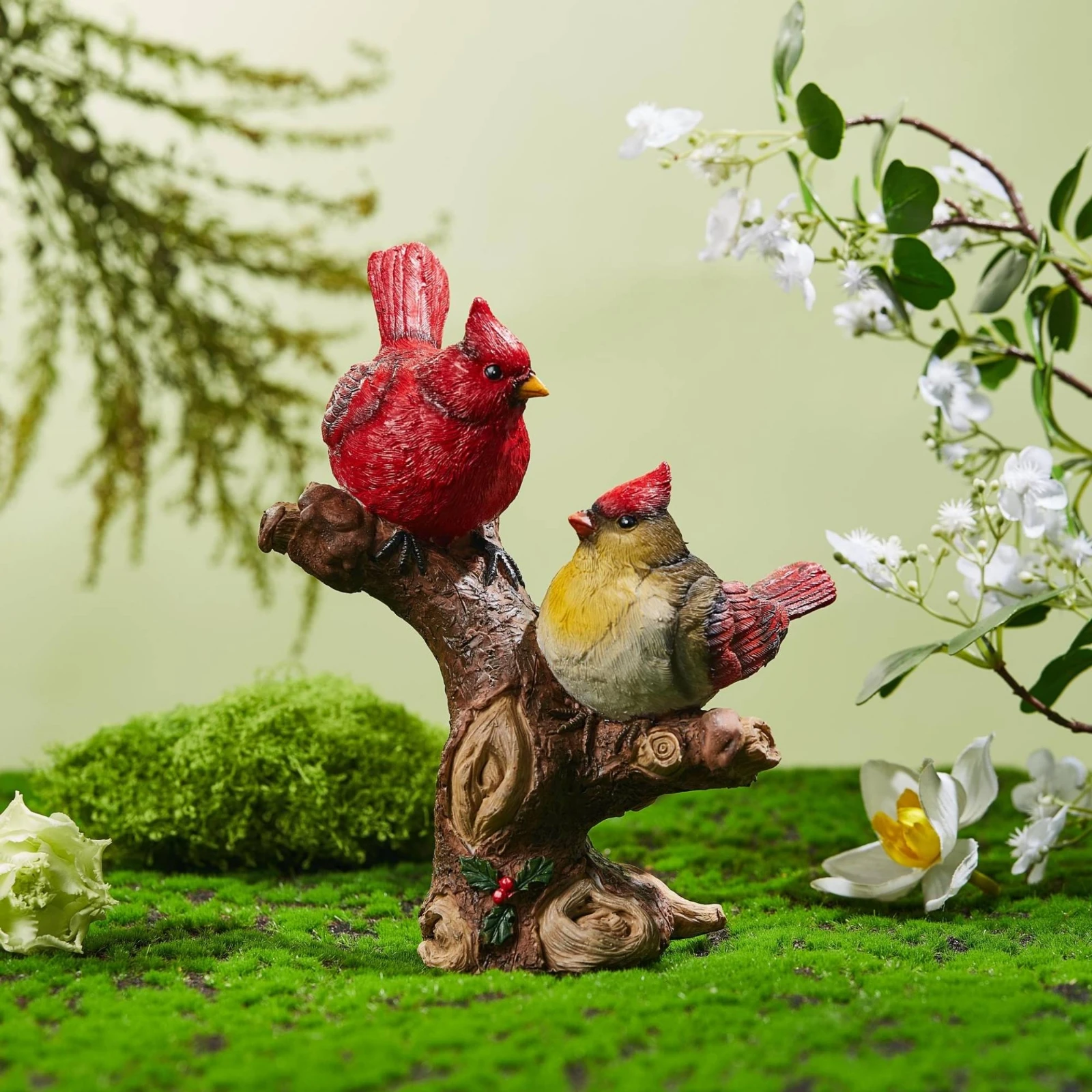 Resin Bird Decor Tree-Stump Bird Statue Carved-Look Painted Freestanding