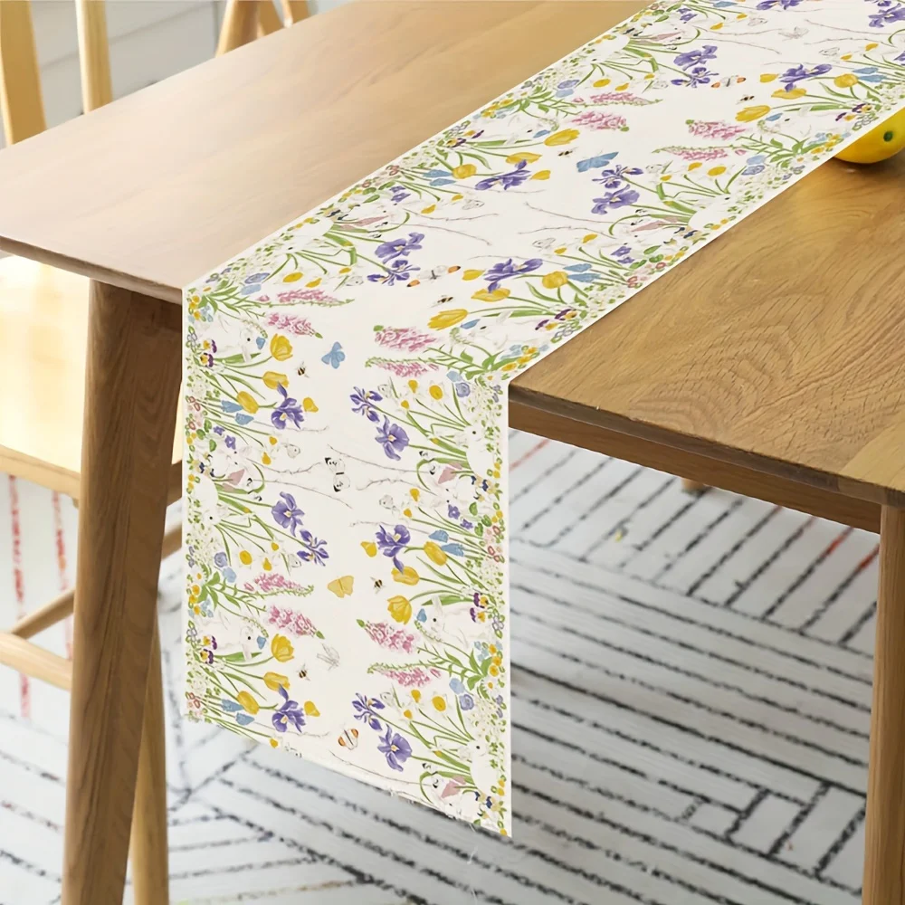 Happy Easter Theme Bunny Linen Table Runner Holiday Party Decor Spring Watercolor Wildflowers Plants Table Runners Table Decor