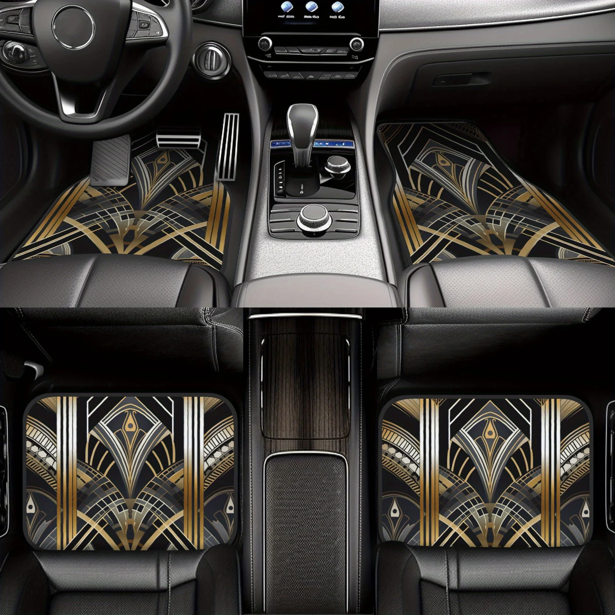 4pcs Golden Foil Decorative Car Mats - Elegant Geometric Pattern, Durable Polyester Fiber, Fit For All Vehicles, Stylish Interio