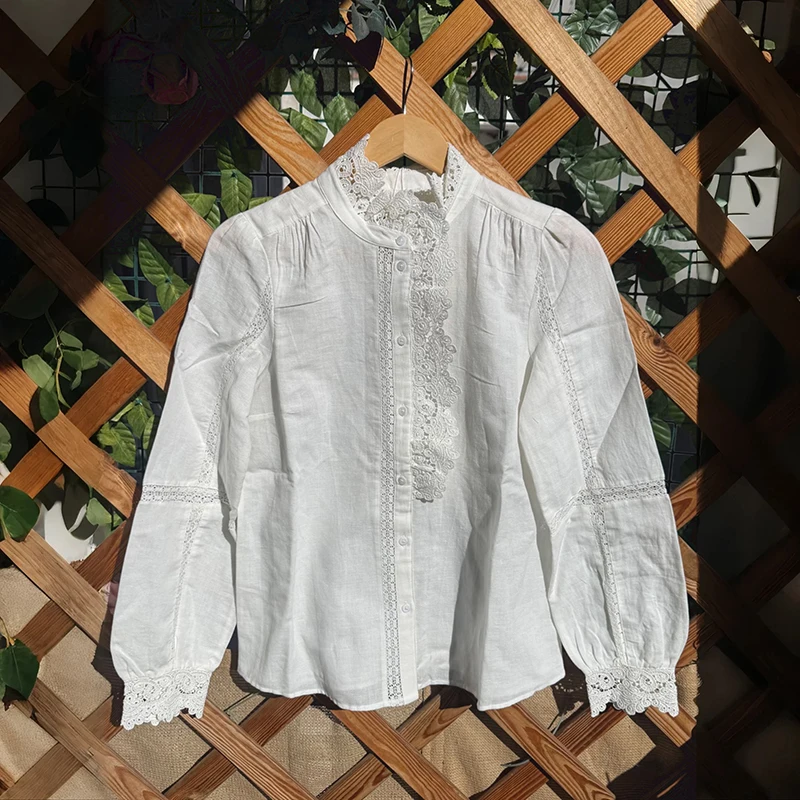 

Женская модная блузка Ele Early Spring с воротником-стойкой на одной пуговице, кружевной отделкой, свободного кроя, с длинными рукавами, из смесового хлопка и льна