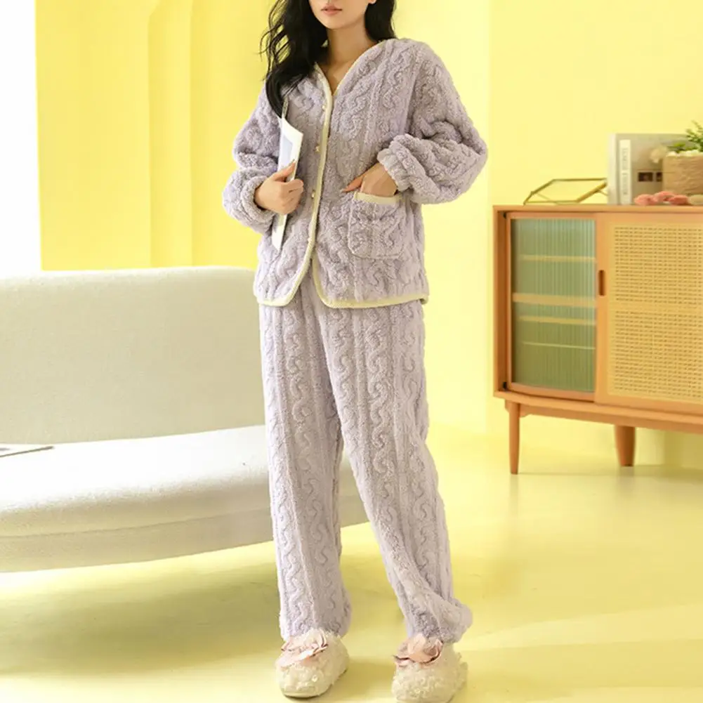 Warm Pajamas Pockets 2 Nightwear Loungewear Sleeve Thermal Plush Suit Women Set Fluffy Winter Autumn Pieces Long Sleepwear Fuzzy