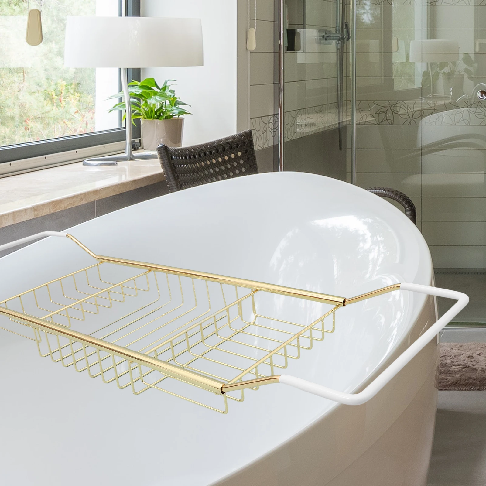 

Telescopic Anti-slip Storage Rack Shower Tub Tray Stainless Steel Retractable Bathtub Metal Stand Shelf Organizer Bamboo