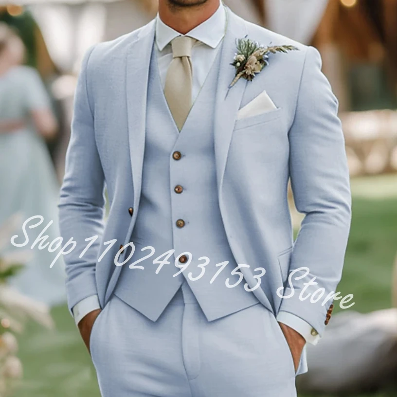 

Men's Wedding Linen Suits Sky Blue Fashion Formal Groom Wedding Party Tuxedos 3 Piece Suits Blazer+Vest+Pants Costume Homme