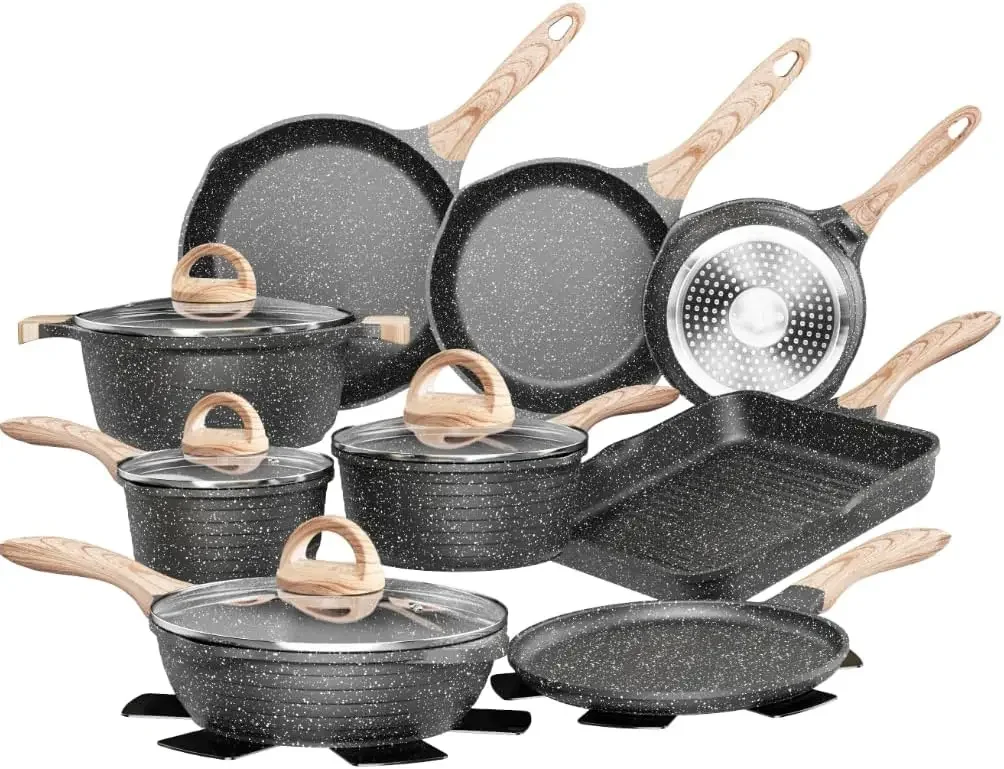 

JEETEE Pots and Pans Set Nonstick 23pcs, Healthy Kitchen Cookware Sets, Induction Cooking Set W/Gray Granite Stone Frying Pans,