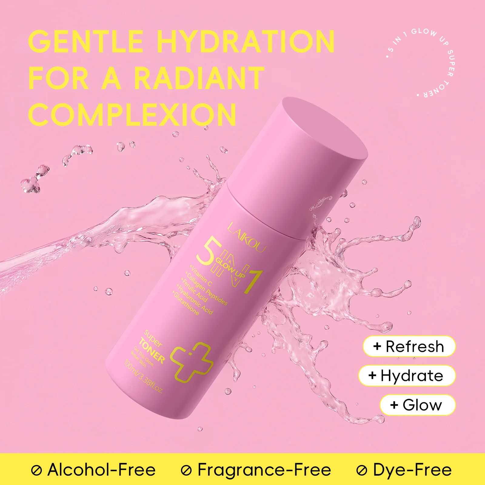 

LAIKOU 100ml Glow Face Toner, 5 in 1 Wet Compress Hydrating Lotion for Dry Skin, Pore Minimizing Brightening Daily Skin Care