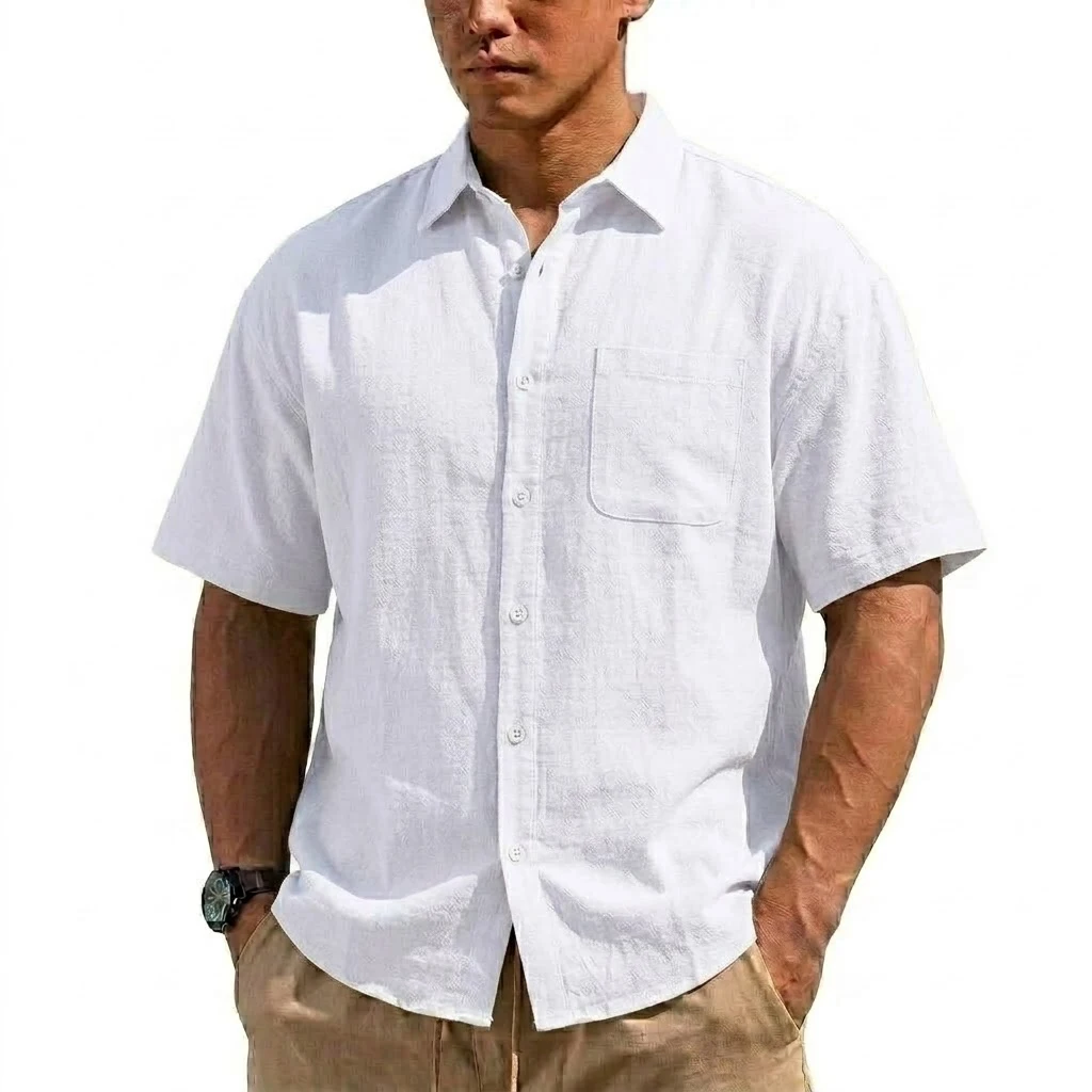 Summer Korean Linen T-Shirt for Men Luxury Short Sleeve Hawaiian Shirt Button Down Men's Cotton Shirts Vintage Shirts for Men