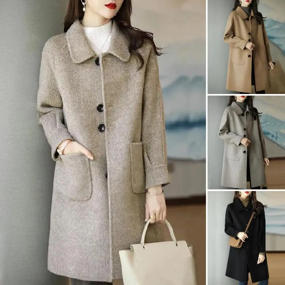 Winter Women Overcoat Solid Color Turn-down Collar Single-breasted Woolen Jacket Loose Fit Coat Thermal Coat With Pockets