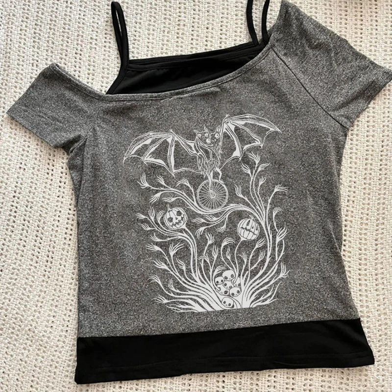 Y2K Punk Estetica Vintage T-shirt a maniche lunghe Goth Creativo Modello comico Stampa Tee Harajuku Streetwear Versatile Top da donna