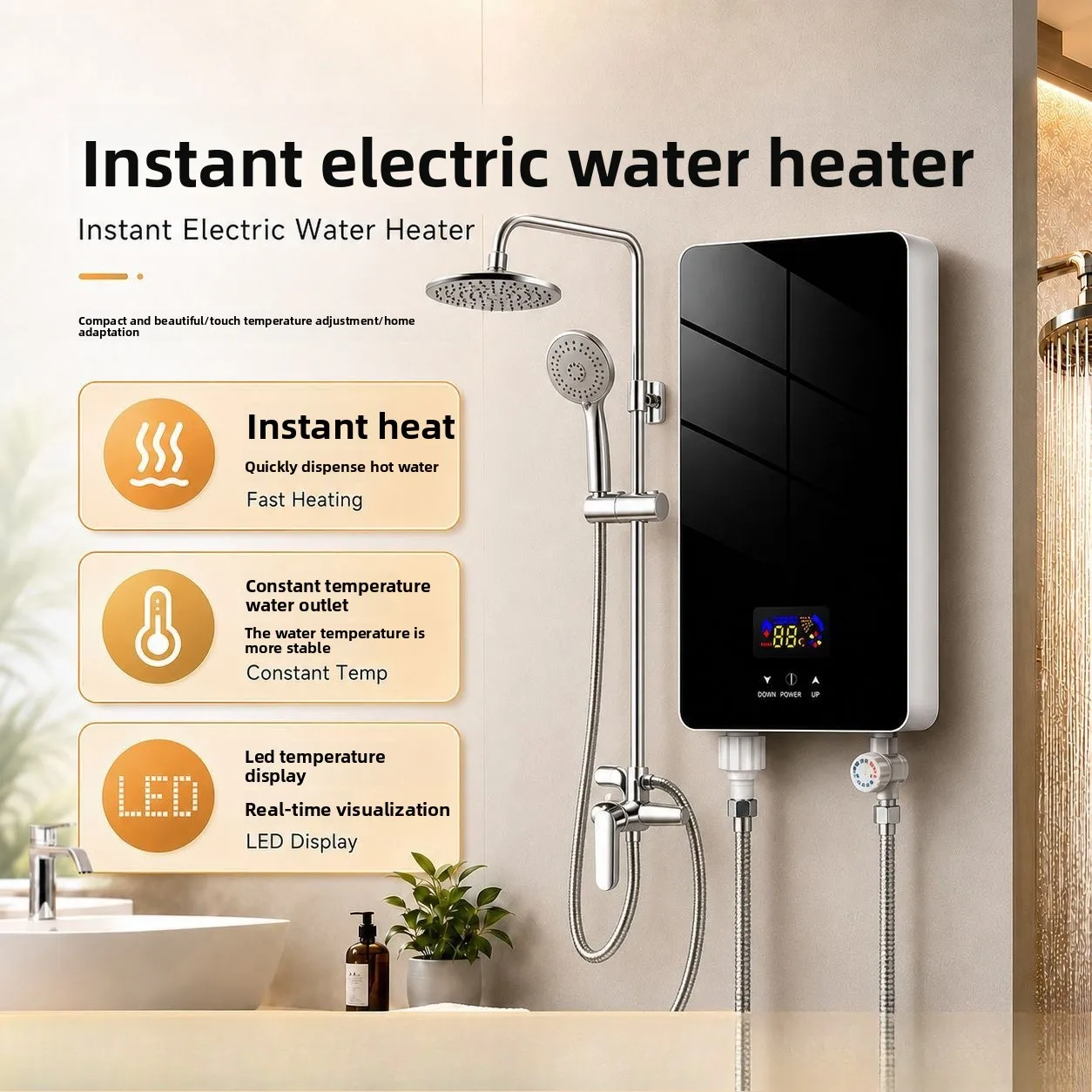 Household Instant Electric Water Heater with Built-in Booster Pump, Quick Heating Shower Heater