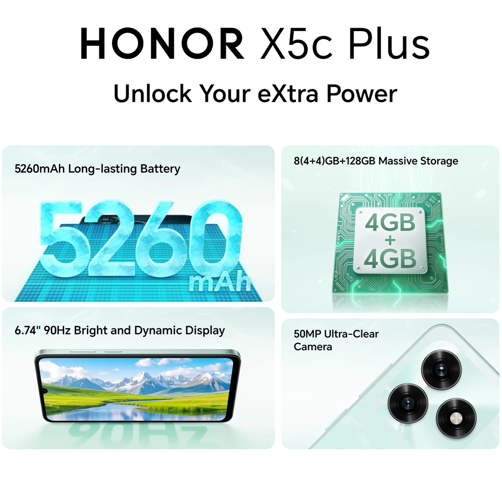 HONOR X5c Plus 4G, Versión EU, Smartphone 4G, Batería de 5260 mAh, Cámara Principal de 50MP, CPU MTK Octa-core, Pantalla LCD de 6.74 Pulgadas 3