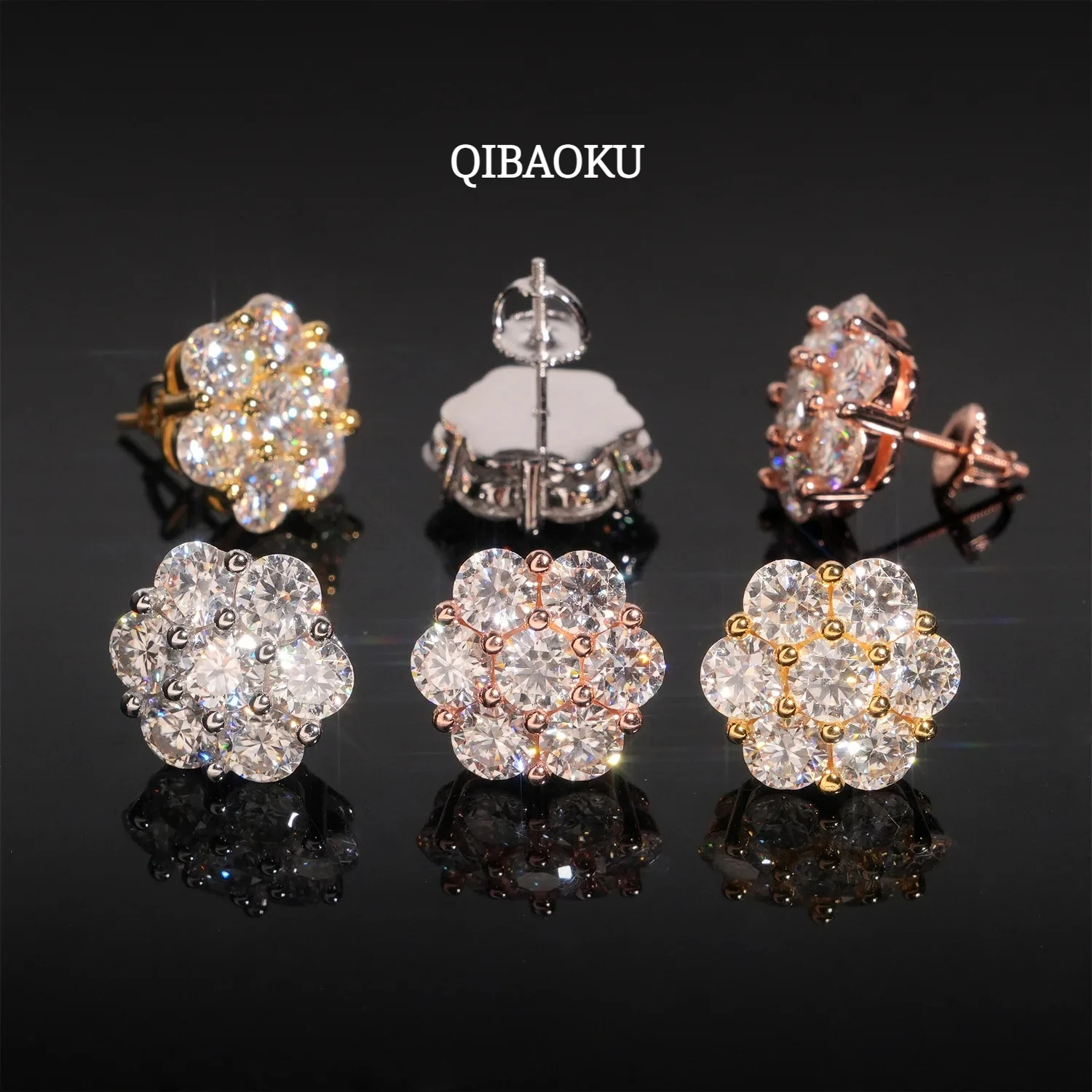 QIBAOKU 7-stone Moissanite Flower Earrings 100% S925 Silver Honeycomb Ear Studs for Women Men Party Gift Fine Jewelry