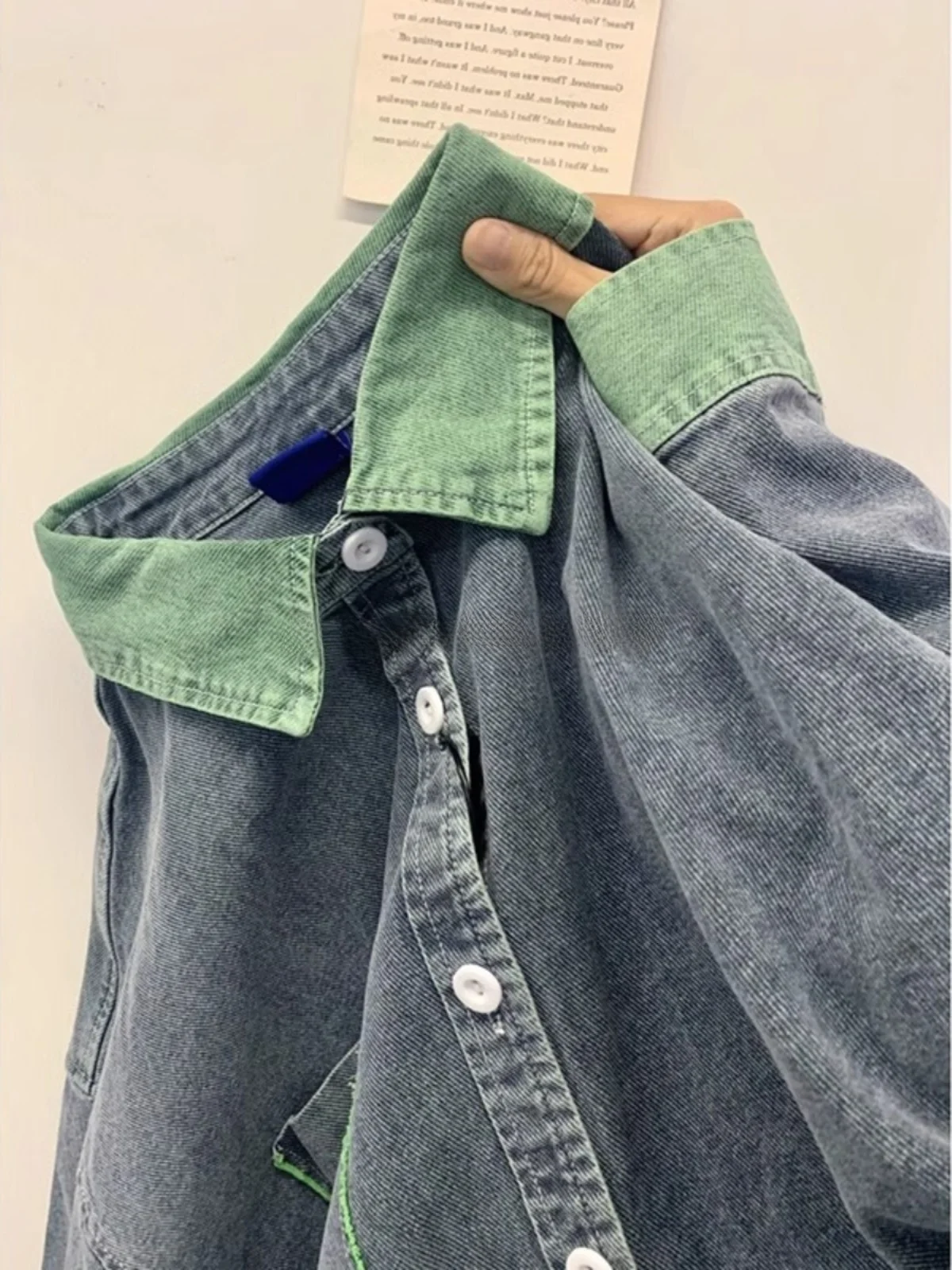

plus Size 300 Pounds Color Block Denim Shirt Women's Loose Casual Slimming Outerwear Korean Style Long Sleeve Collar