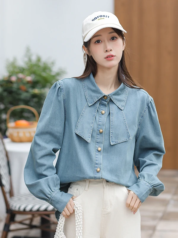 

Heavyweight Denim irt Sweet Vintage Versatile Loose Long Sve Resin Color Fastening Button up Knot Casual irt