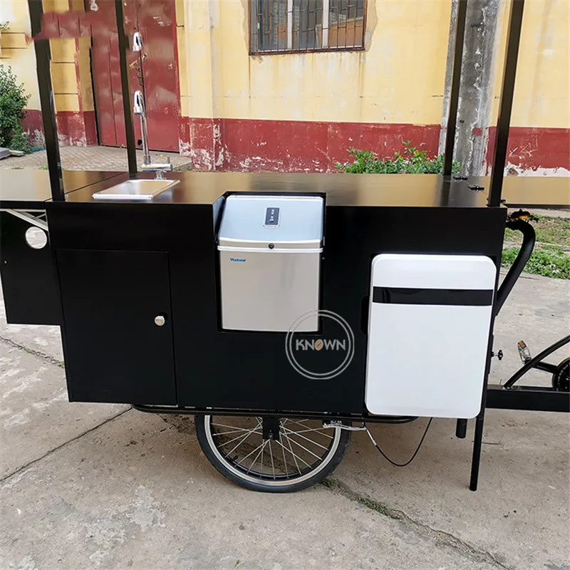 Customized Black Floding Coffee Bike Reverse Cycling Electric Cycle Adult Snacks Street Mobile Fast Food Carts Bicycle