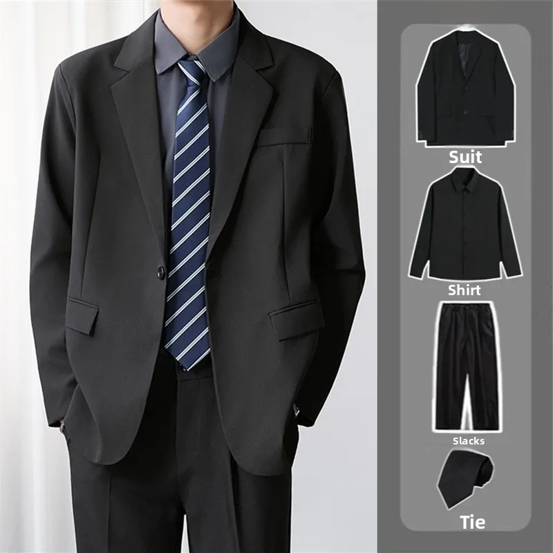 

Busin Casual Bla Suit Set for Men Stand Fit Autumn Spring Profional Sle Korean Version Lightweight Mature Feel