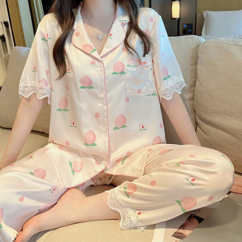 Honey Peach Lace Pajamas for Women's Summer Ice Silk Smooth High Grade Mesh Red Short Sleeve Pants Sweet Home Set  Pijama Mujer