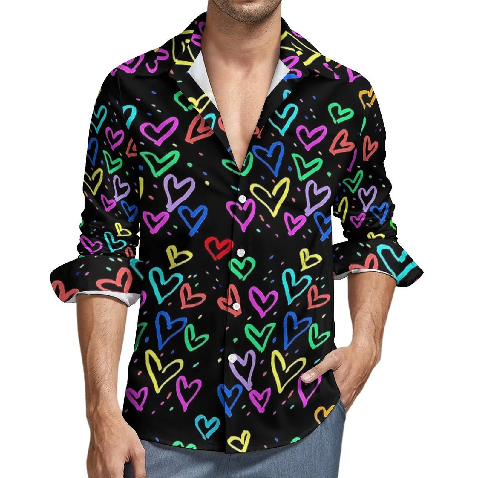 

Love Hearts Colorful Print Casual Shirt Men Y2K Street Shirt Autumn Elegant Blouse Long Sleeve Graphic Oversize Clothes